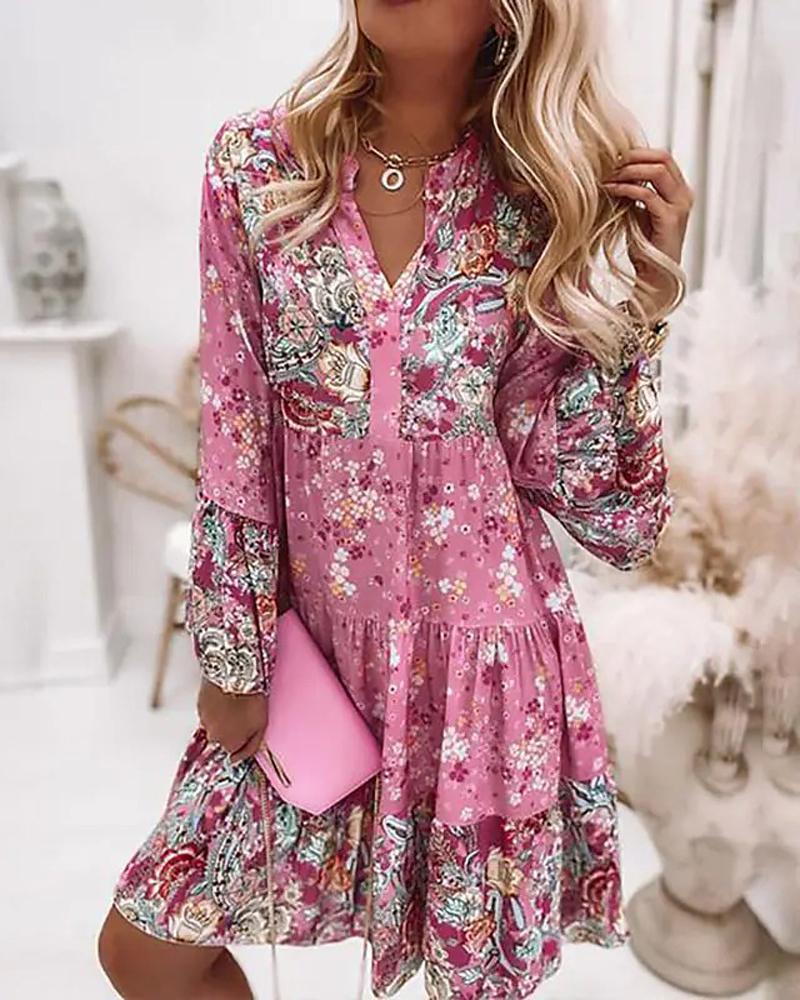 

Ditsy Floral Paisley Print Bell Sleeve Casual Dress, Pink