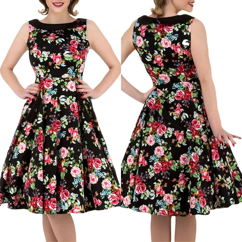 

Fashion Women Floral Printed Sleeveless Crew Neck Swing Vintage Dress, Black
