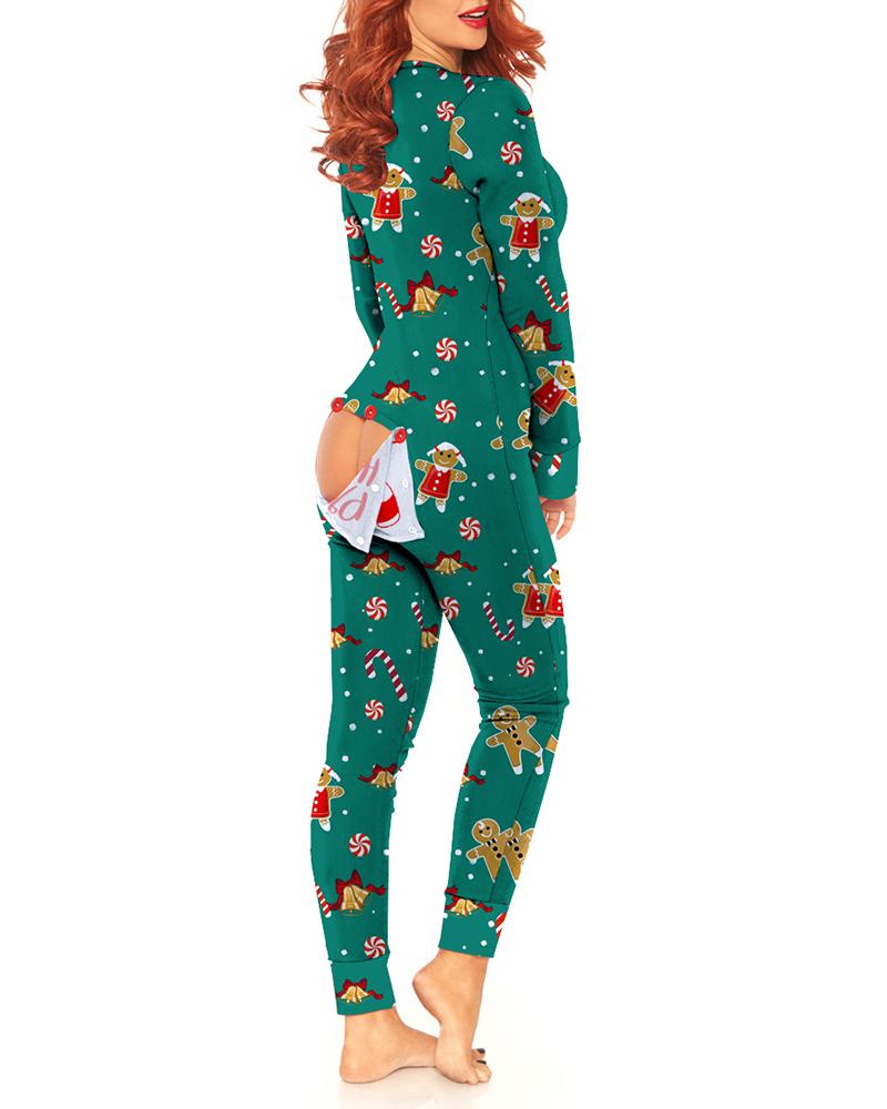 

Christmas Print Functional Buttoned Flap Adults Pajamas, Green