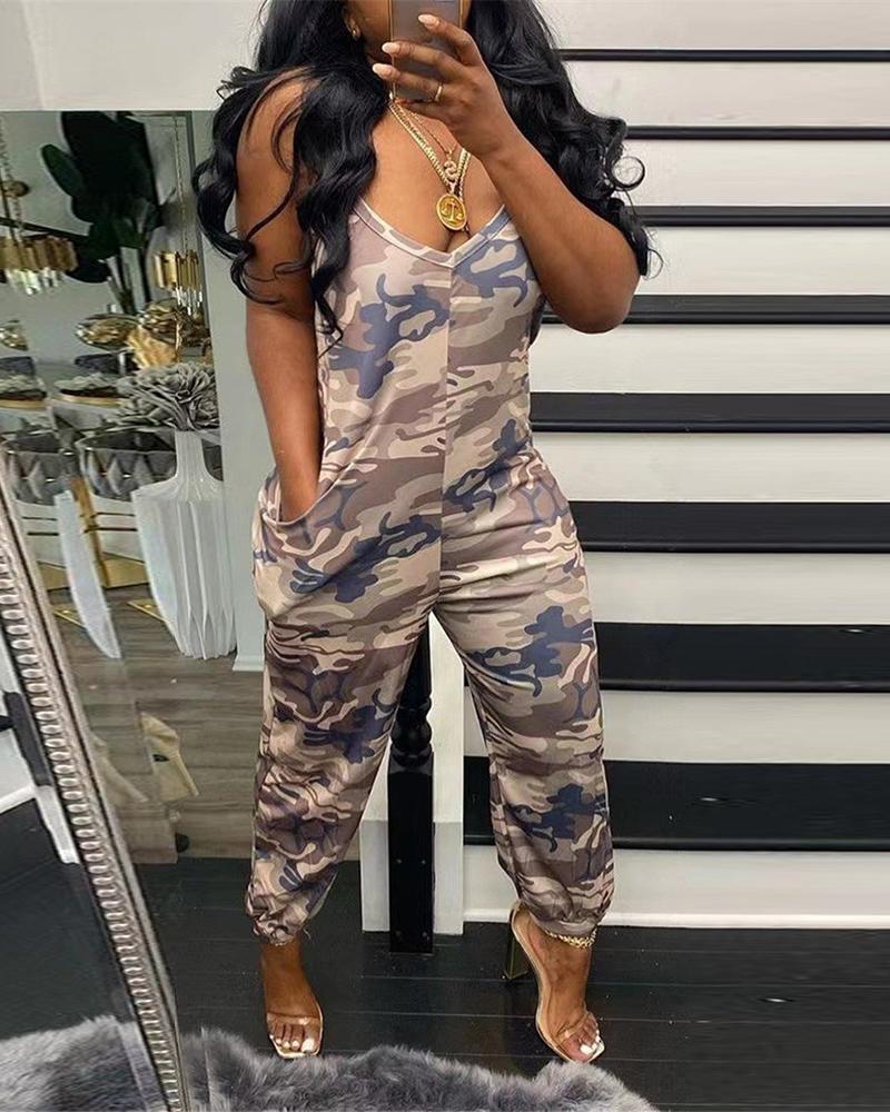 

Camouflage Print Pocket Design Sleeveless Jumpsuit, Green