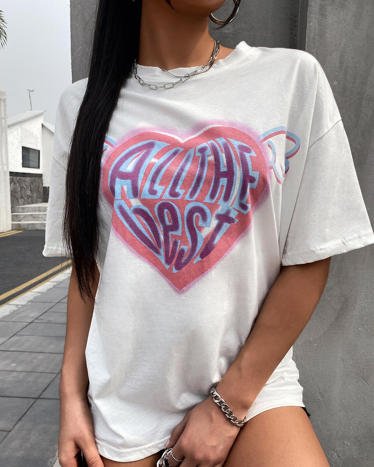 

Heart Letter Print Half Sleeve Casual T-shirt, White