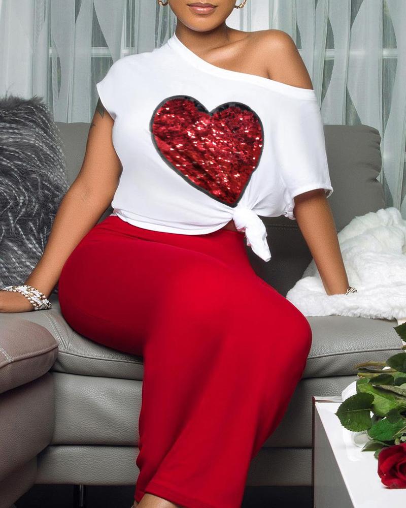 

Heart Pattern Sequins T-shirt & Maxi Skirt Set, Red