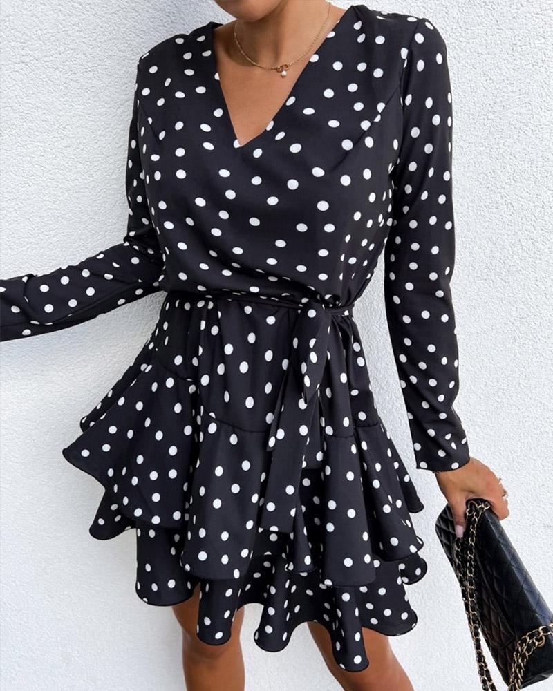 

Polka Dot Print Long Sleeve Belted Layered Dress, Black