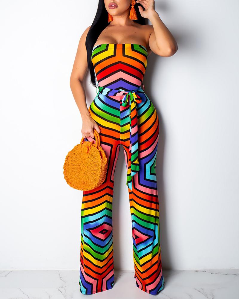 

Colorful Print Belted Tube Jumpsuit, Multicolor