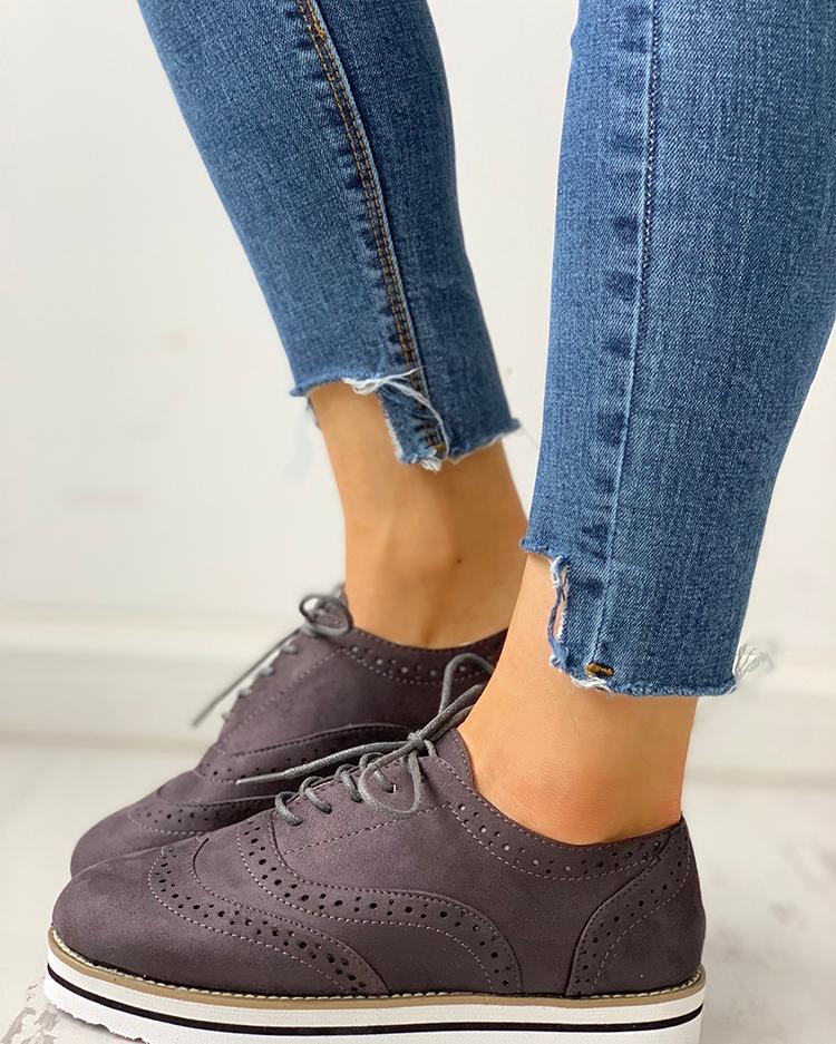 

Hollow Out Pattern Lace-up Platform Shoes, Gray