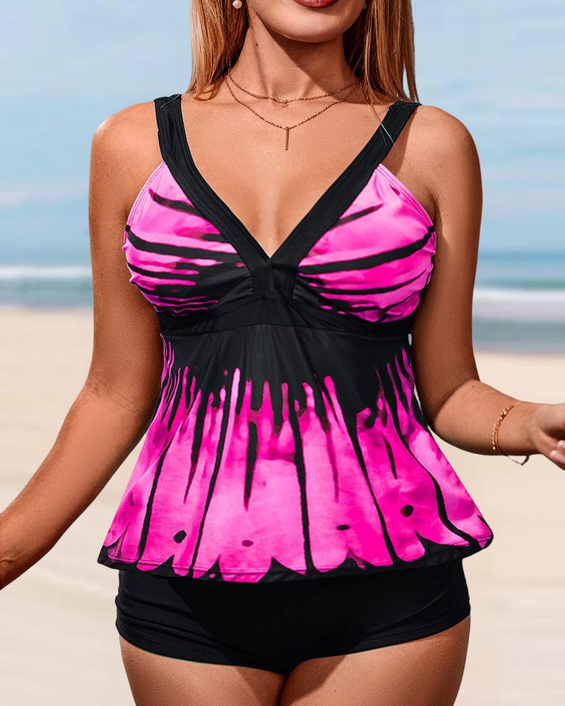 

Graphic Print Ombre V-Neck Tankini Set, Hot pink