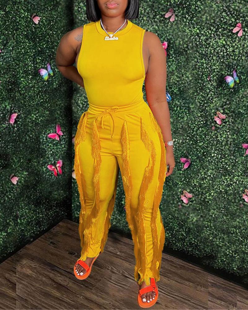 

Casual Tank Top & Tassel Decor Drawstring Pants Set, Yellow