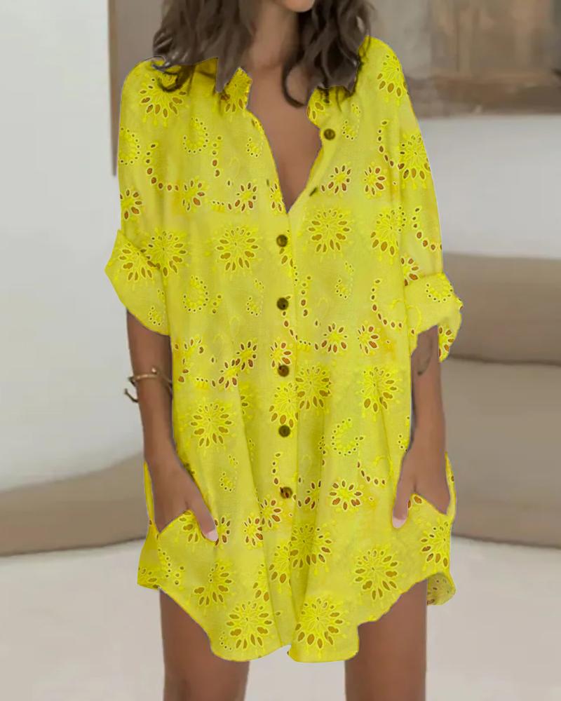 

Eyelet Embroidery Long Sleeve Shirt Dress, Yellow