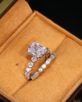 

2PCS/Set Square Cut Shiny Zircon Rings Bridal Wedding Jewelry, Silver