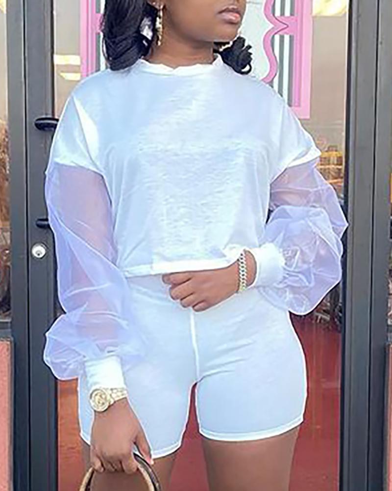 

Sheer Mesh Long Sleeve Plain Top & Shorts Set, White