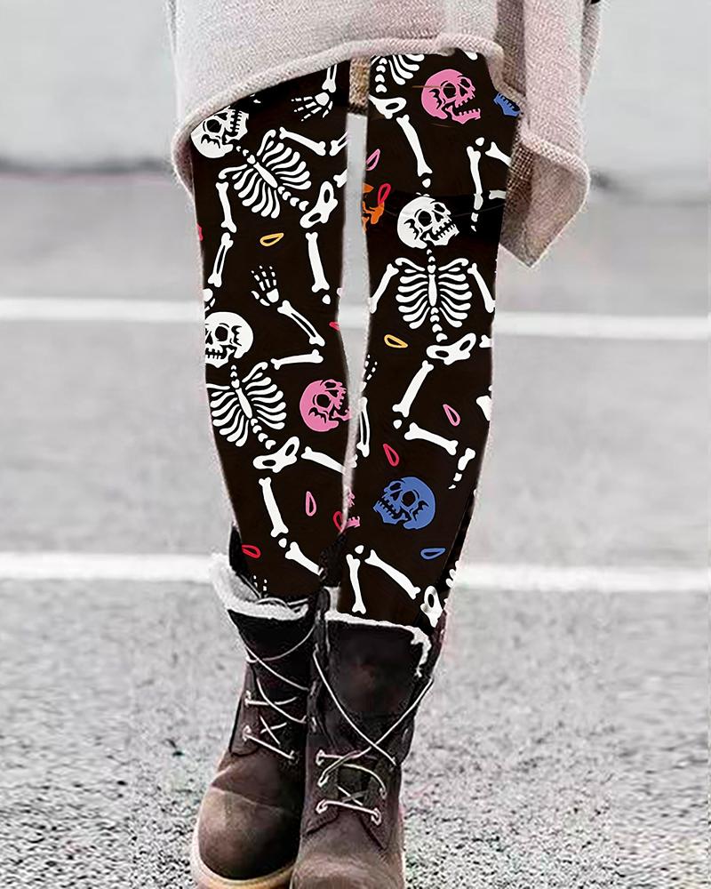 

Halloween Skull Skeleton Print Skinny Leggings, Black