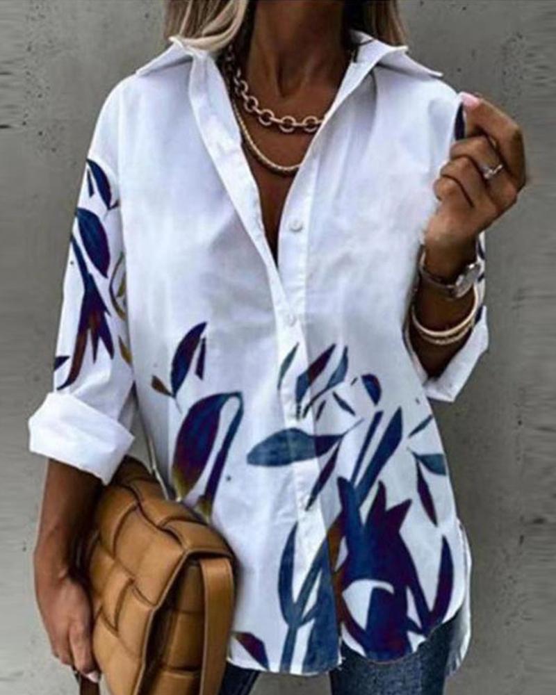 

Long Sleeve Plant Print Buttoned Top, Blue