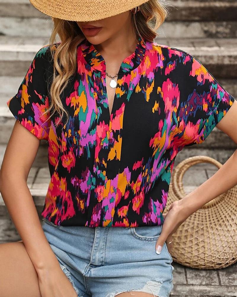 

Abstract Print Notch Neck Casual Blouse, Black