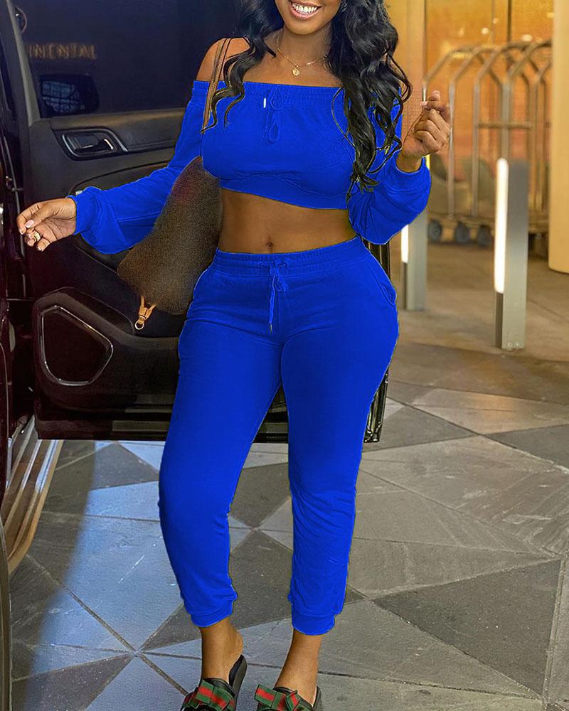 

Solid Off Shoulder Crop Top & Drawstring Pants Set, Blue