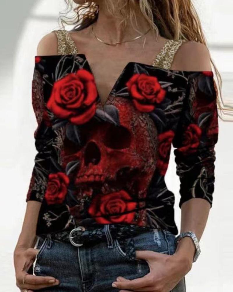

Cold Shoulder V-Cut Rose Print Long Sleeve Blouse, Red