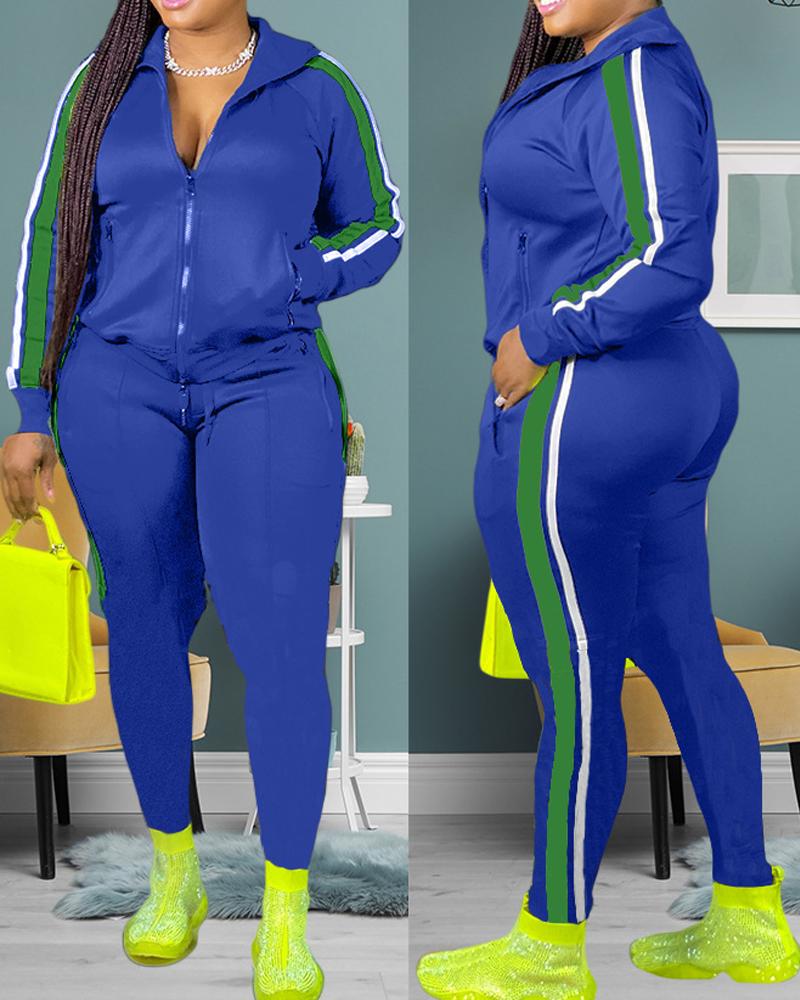 

Plus Size Contrast Paneled Zip Up Top & Pants Set, Blue