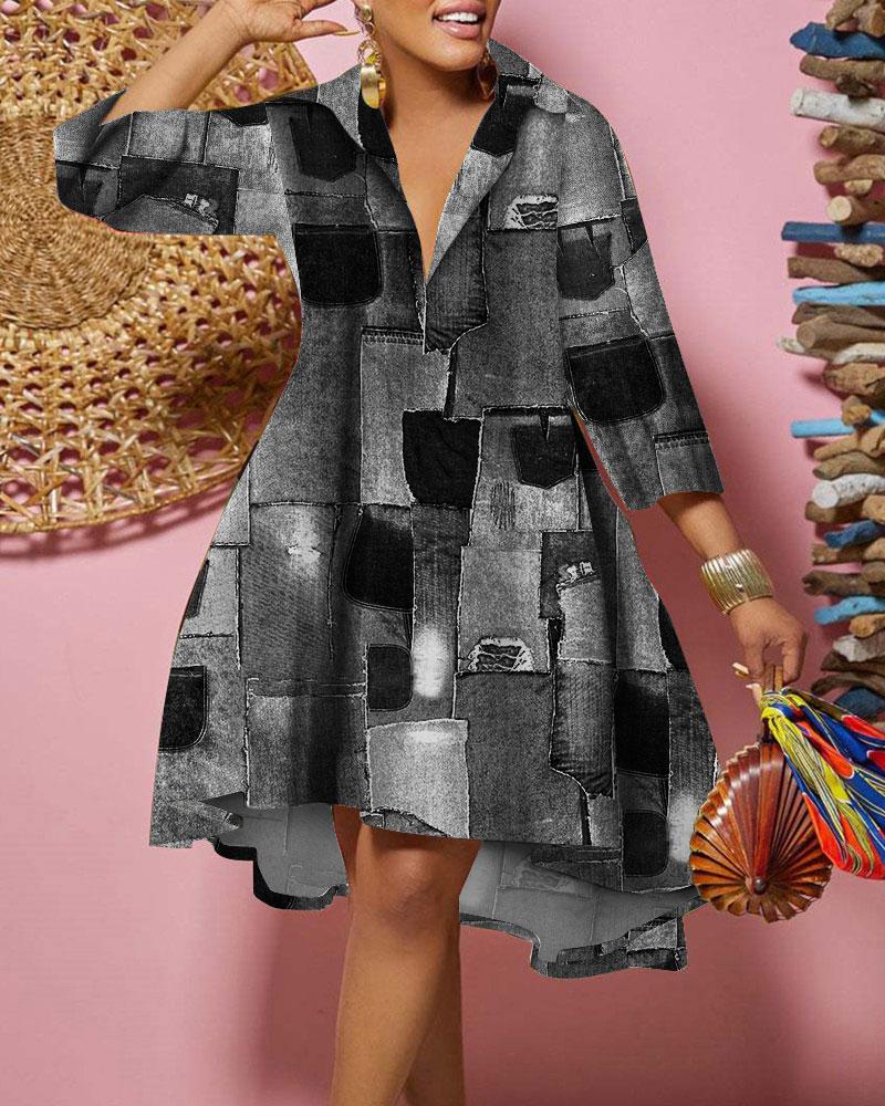 

Plus Size Denim Look Print Flowy Shirt Dress, Gray