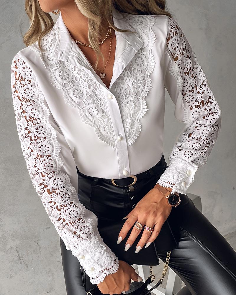 

Guipure Lace Lantern Sleeve Button Design Blouse, White