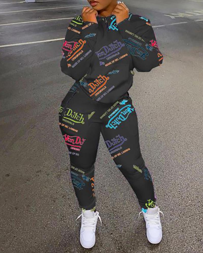 

Letter Print Zipper Design Long Sleeve Top & High Waist Pants Set, Black