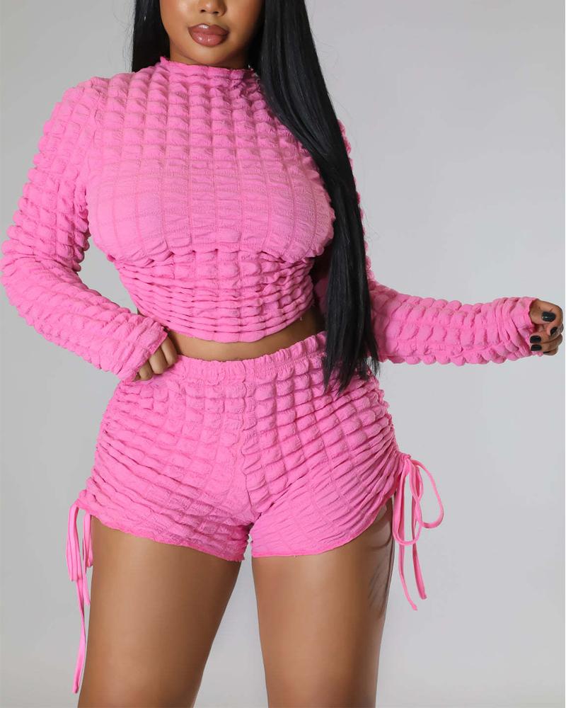 

Drawstring Ruched Backless Crop Top & Shorts Set, Pink