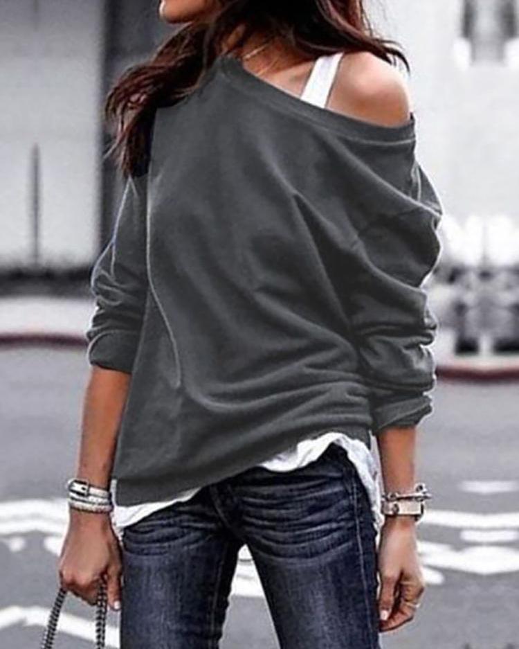 

Solid Skew Neck Long Sleeve Casual T-Shirt, Gray