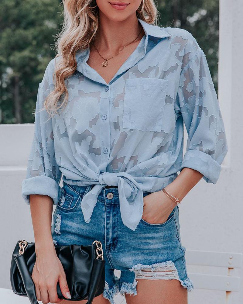 

Long Sleeve Floral Pattern Chiffon Top, Blue