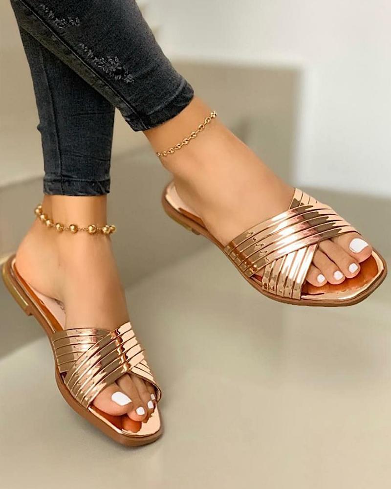 

Crisscross Square Toe Cutout Slippers, Champagne