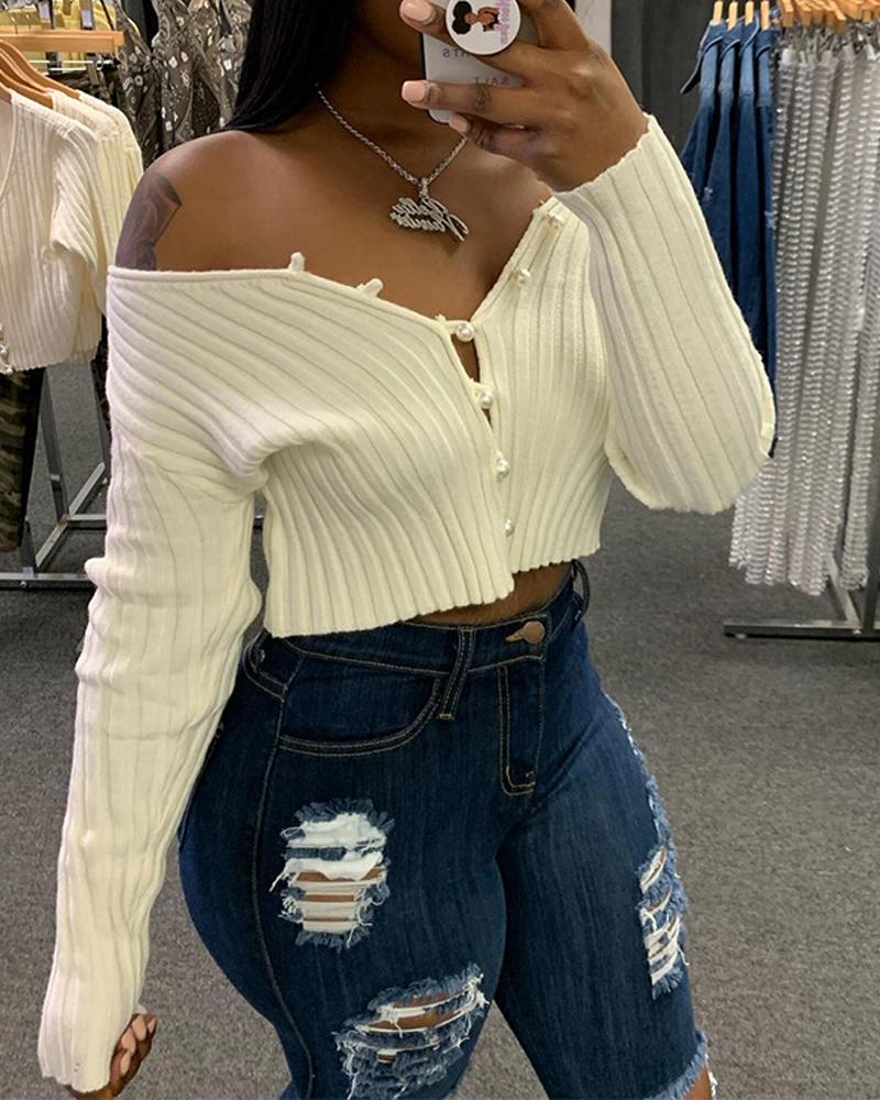 

Long Sleeve Button Front Crop Cardigan, White