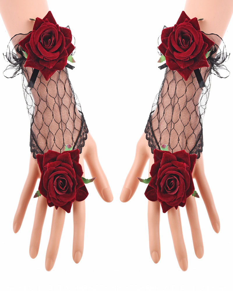 

Gothic Decorated Lolita Cuffs Rose Hollow Fake Cuffs Decorative Vintage Lace Sleeves Cuff Wrist, Red