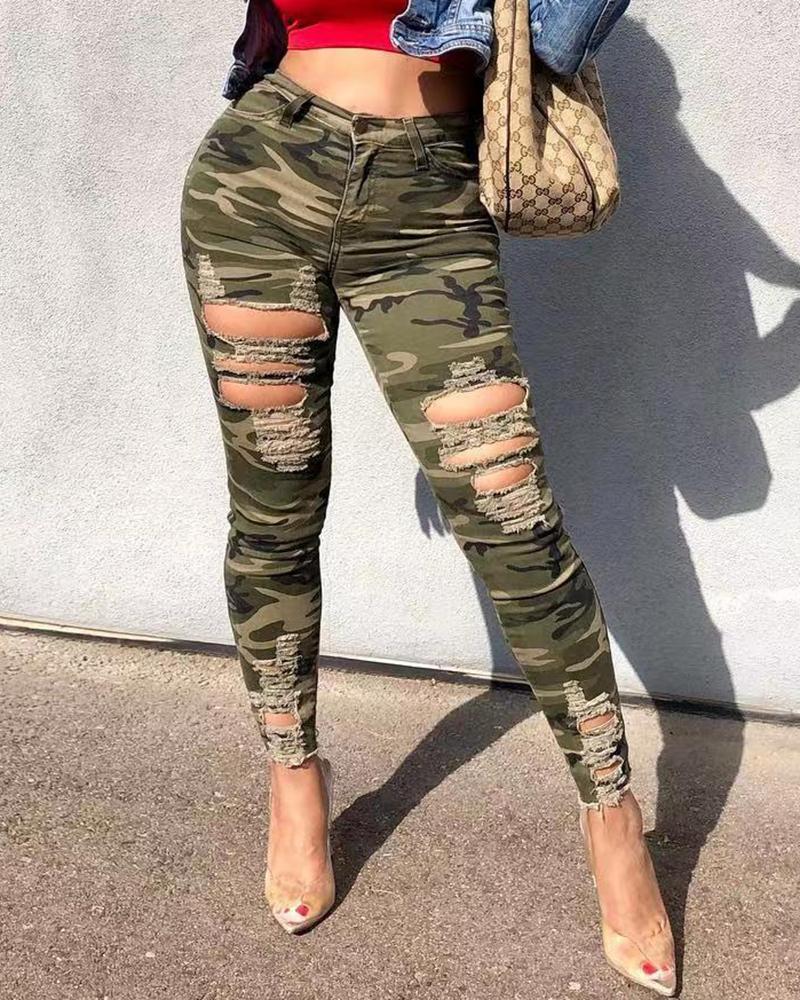 

Camouflage Print Ripped Cutout Pants, Green