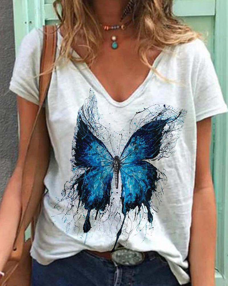 

Butterfly Print Short Sleeve V-Neck Casual T-shirt, White