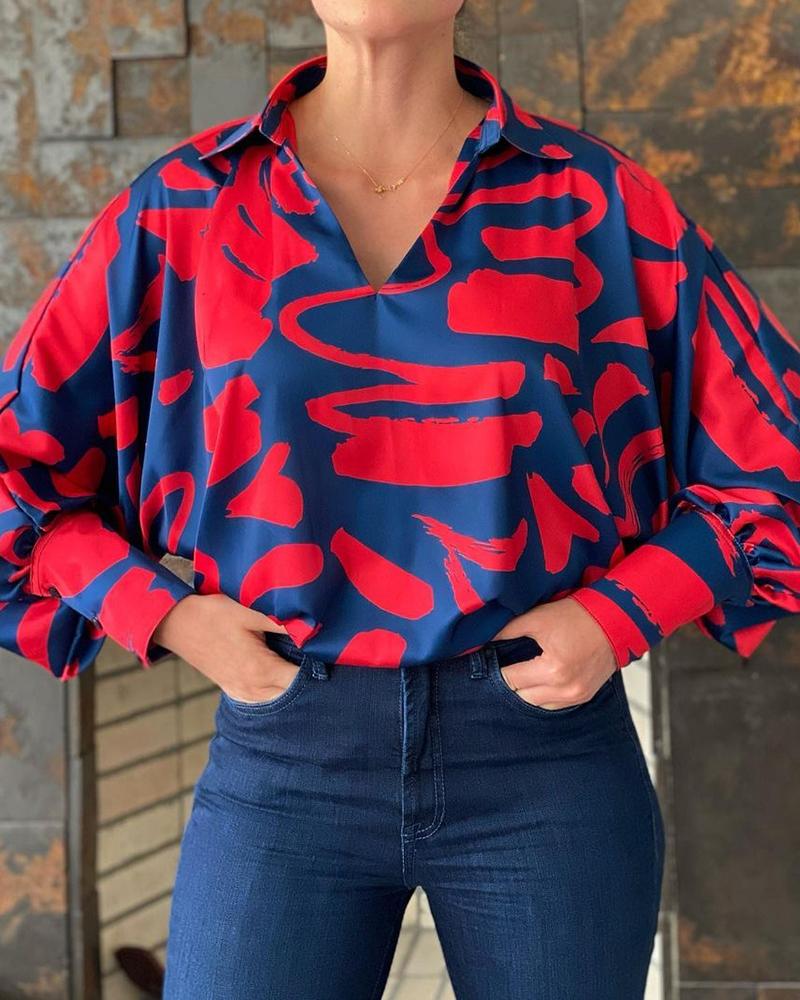 

Collared V-Neck Lantern Sleeve Blouse, Multicolor