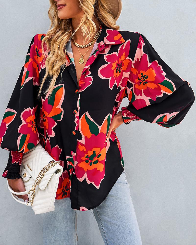

Floral Print Lantern Sleeve Buttoned Top, Red