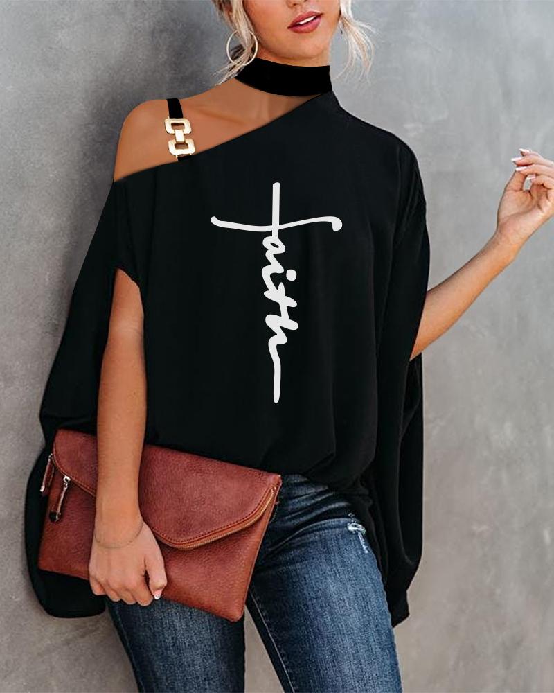 

Letter Print Chain Strap Cold Shoulder Cape Design Top, Black