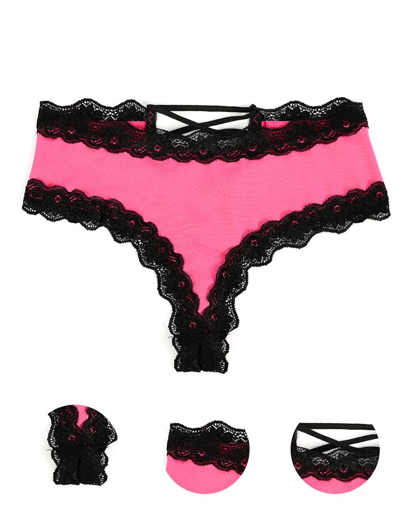 

Lace-up Back Contrast Lace Breathable Panty, Hot pink
