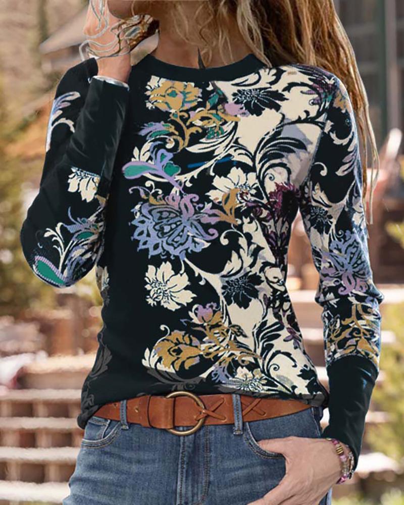 

Floral Print Long Sleeve Casual Top, Black