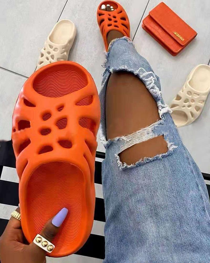 

Hollow Out Plain Round Toe Casual Slippers, Orange