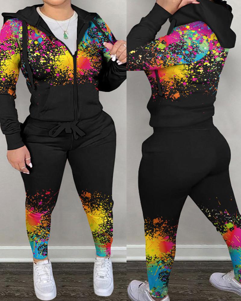 

Plus Size Ink Splash Print Hooded Zip Up Top & Pants Set, Black