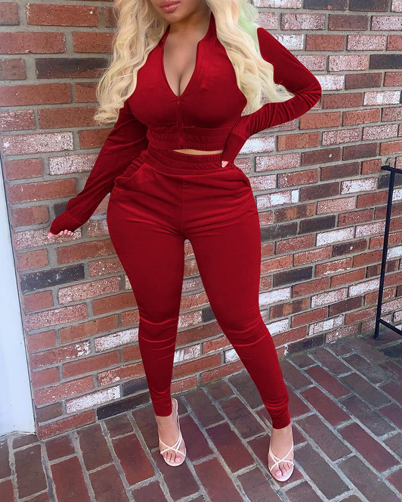 

Zipper Design Long Sleeve Crop Top & Skinny Pants Set, Red