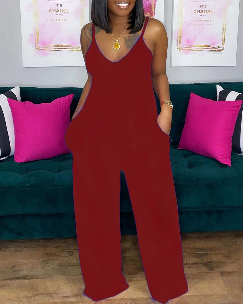 

V-Neck Pocket Detail Spaghetti Strap Jumpsuit, Red