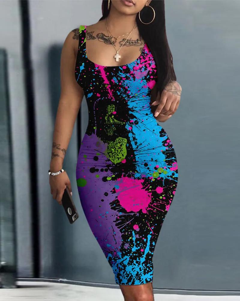 Plus Size Ink Splash Print Sleeveless Bodycon Dress