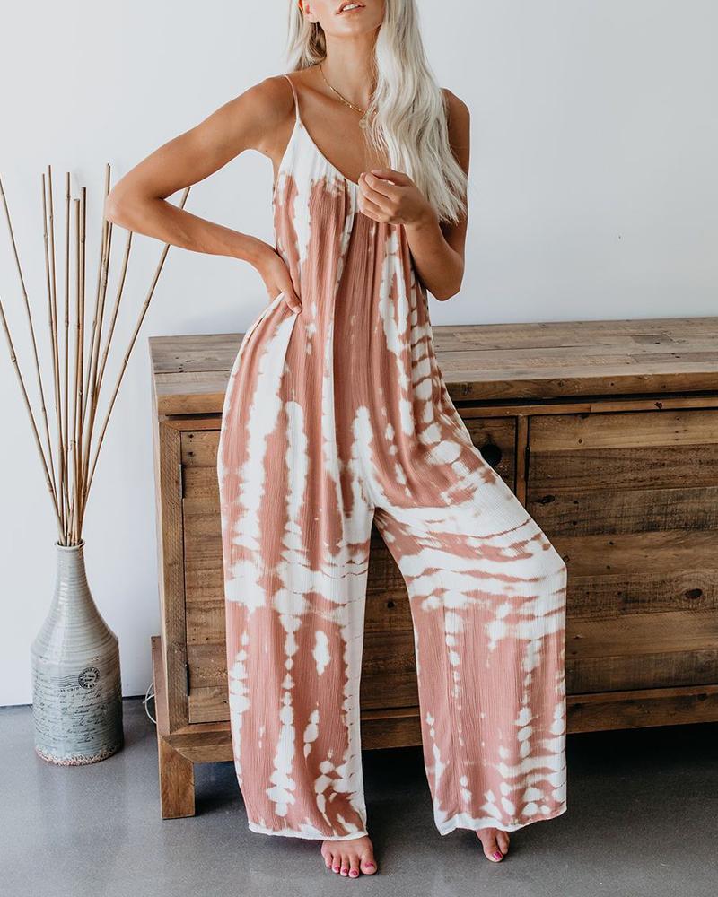 

Tie Dye Print V-neck Casual Jumpsuit, Pink