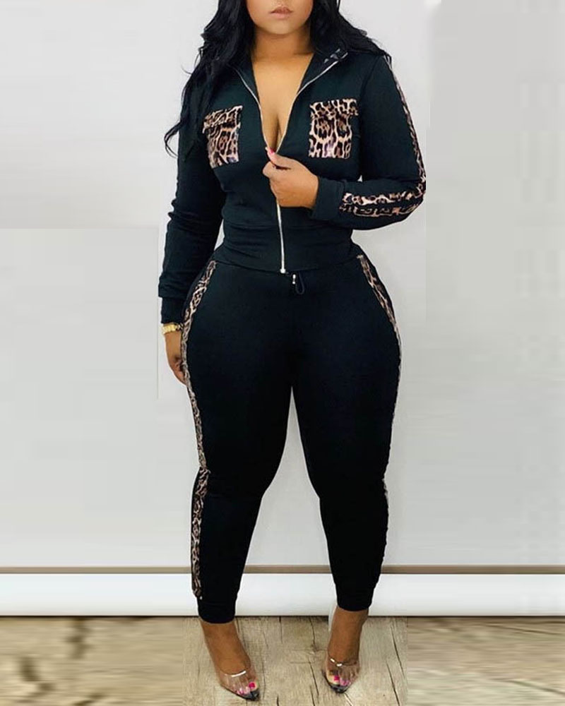 

Leopard Patch Zip Up Top & Drawstring Pants Set, Black
