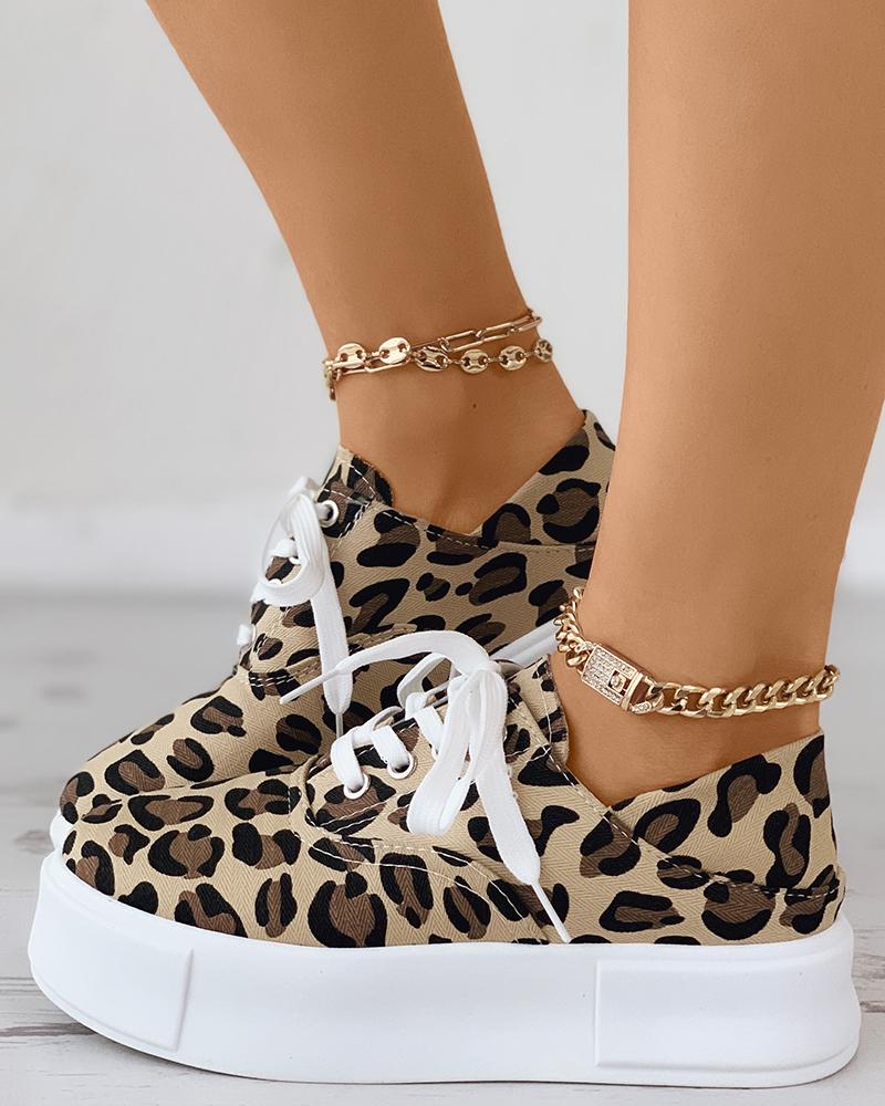 

Eyelet Lace-up Flatform Canvas Shoes, Leopard