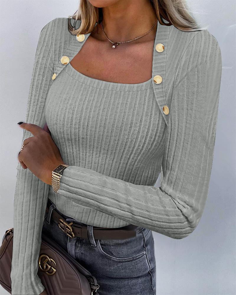

Buttoned Long Sleeve Ribbed Top, Gray
