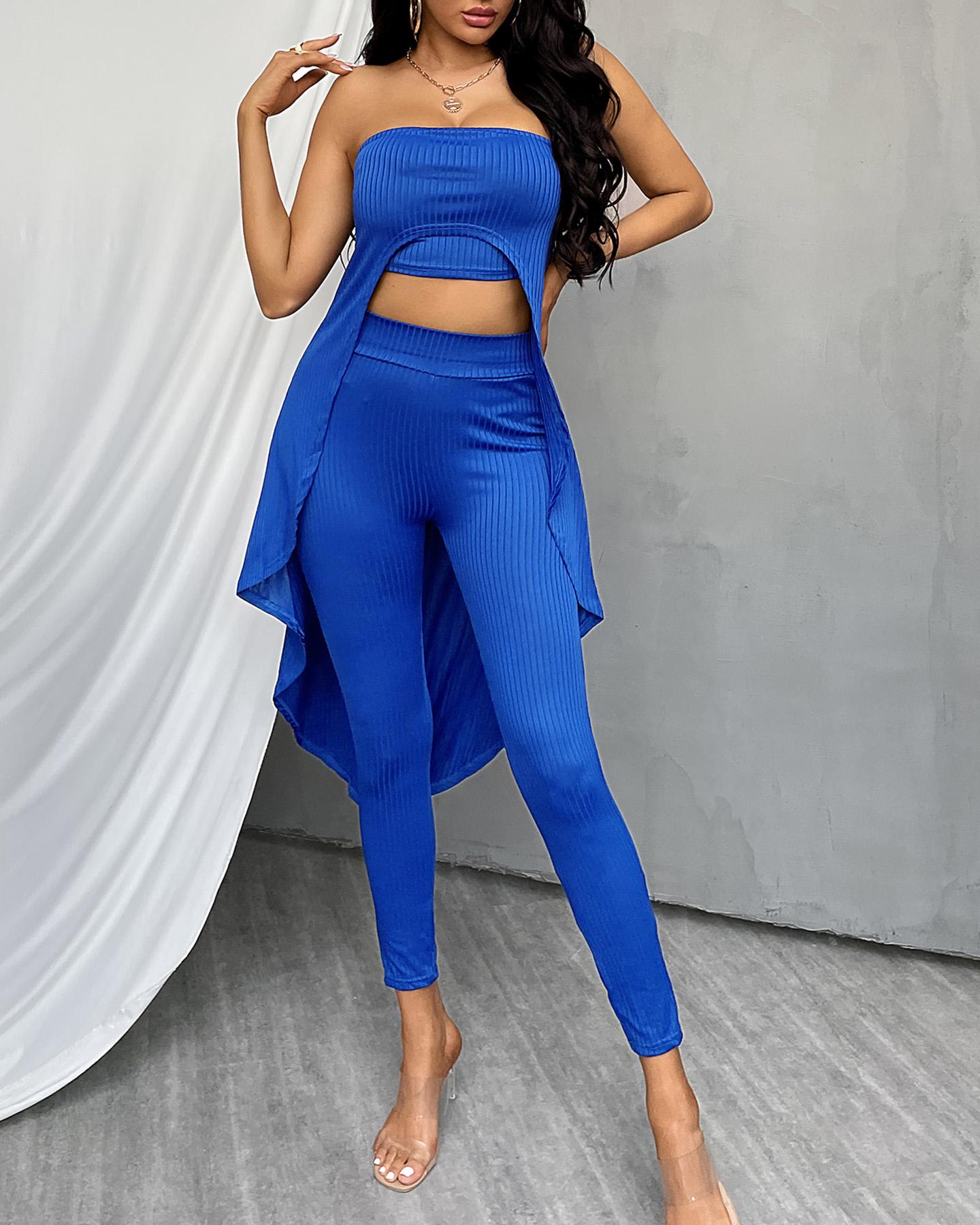 

Bandeau Top & High Waist Pants Set With Asymmetrical Cover Up, Blue