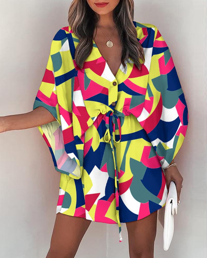 

Geo Print Drawstring Casual Dress, Yellow