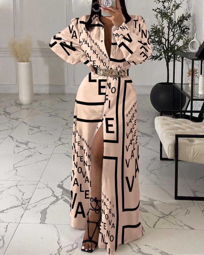 

Abstract Letter Print Long Sleeve Button Down Shirt Dress, Apricot