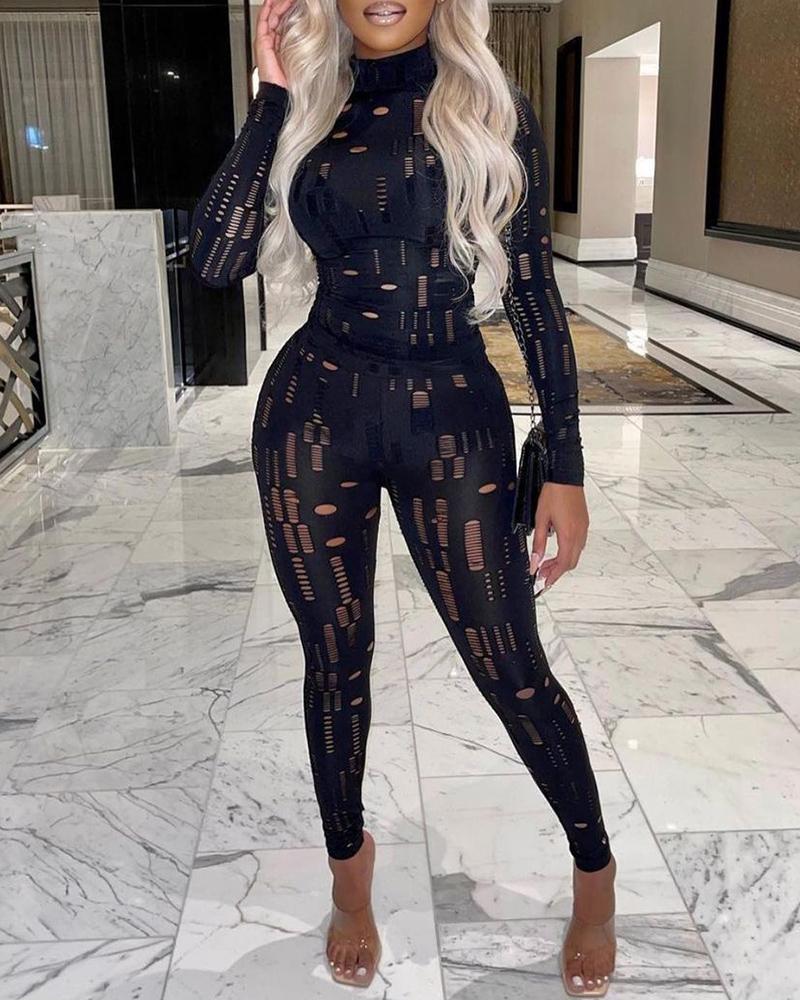 

Knit Cutout Mock Neck Top & High Waist Pants Set, Black