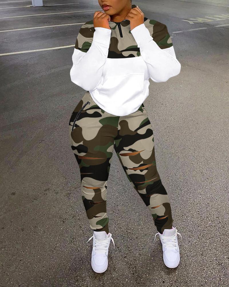 

Camo Print Long Sleeve Top & Ladder Cutout Pants Set, Camoflage